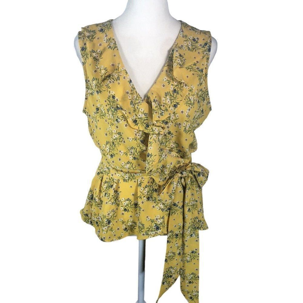 Max Studio Women's Yellow Floral Surplice Ruffle Peplum Top Tie at Waist Small
